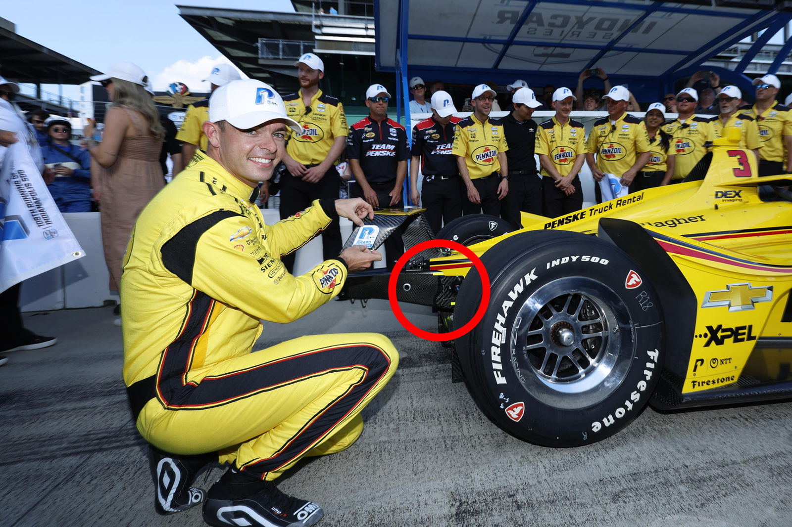 The controversial attenuator modification (circled) on Scott McLaughlin's 2024 Indianapolis 500 pole-winning car. 