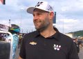 Shane van Gisbergen reacts to taking pole position for the NASCAR Cup Series All Star Open at North Wilkesboro Speedway.