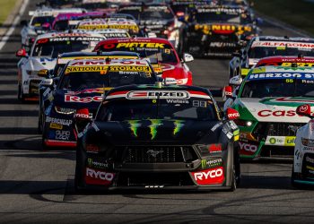 The start of a Supercars race at Perth's Wanneroo Raceway in 2024 led by Cameron Waters.