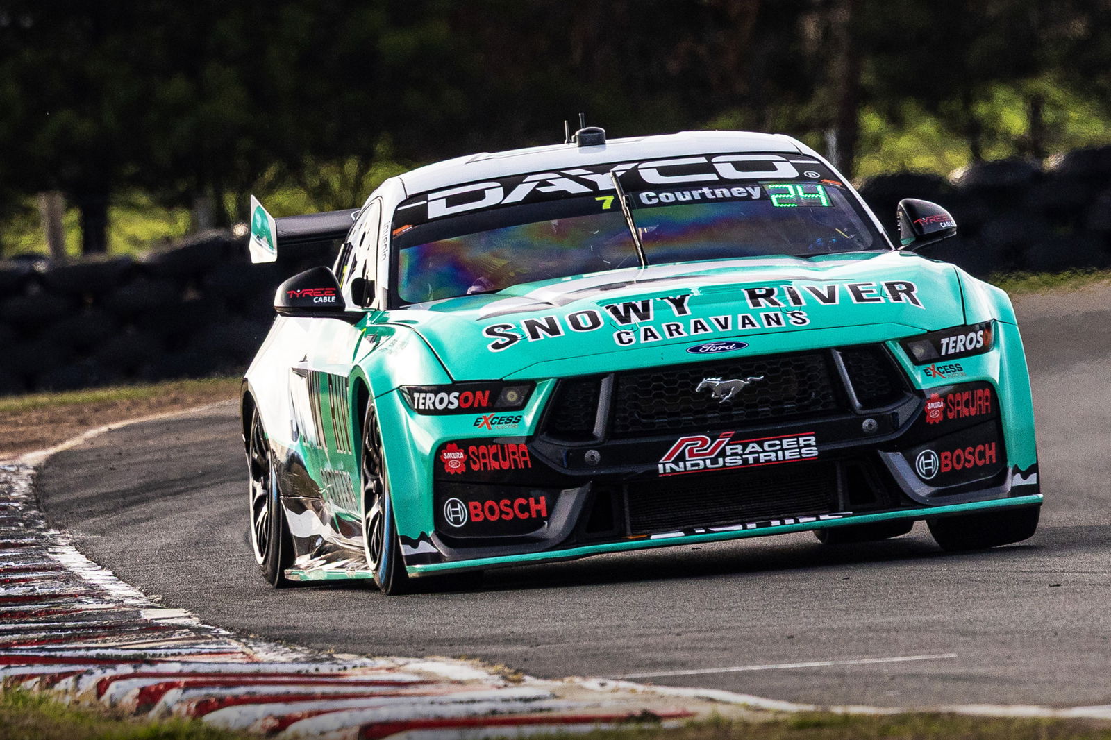 James Courtney in the #7 Snowy River Caravans Ford Mustang at Symmons Plains.