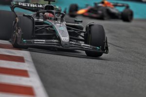 Red Bull has lodged a protest against George Russell, who finished third in the Miami Grand Prix. Image: XPB Images.