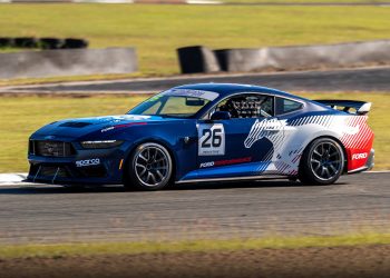 A Ford Mustang Dark Horse R at Queensland Raceway.