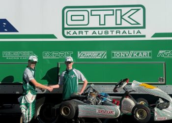 Tony Kart's junior star, Hamish Campbell (left) welcomes Mika LeMasurier to the team. Image: OTK