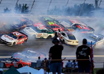Cup Series cars crash during the Quaker State 400 at Echopark Speedway.