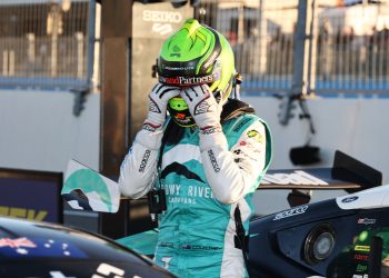 James Courtney reacts to taking third place in the Perth Super440 at Wanneroo Raceway.