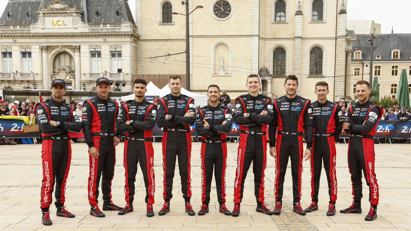(From left to right) Felipe Nasr , Nick Tandy, Pascal Wehrlein, Michael Christensen, Julien Andlauer, Mathieu Jaminet, Kevin Estre, Matt Campbell, and Laurens Vanthoor.