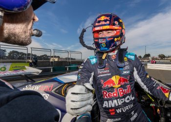 Broc Feeney celebrates at Symmons Plains Raceway.