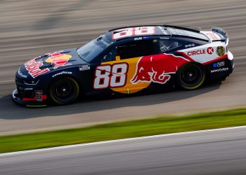 Shane van Gisbergen in the Red Bull-backed #88 Chevrolet Camaro at Nashville Superspeedway.
