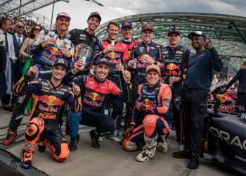 Daniel Sanders (bottom right) with other Red Bull athletes including Max Verstappen, Dani Pedrosa, and Connor Zilisch.