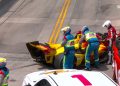 Alex Palou's car in the tyre barrier at the Detroit Grand Prix.