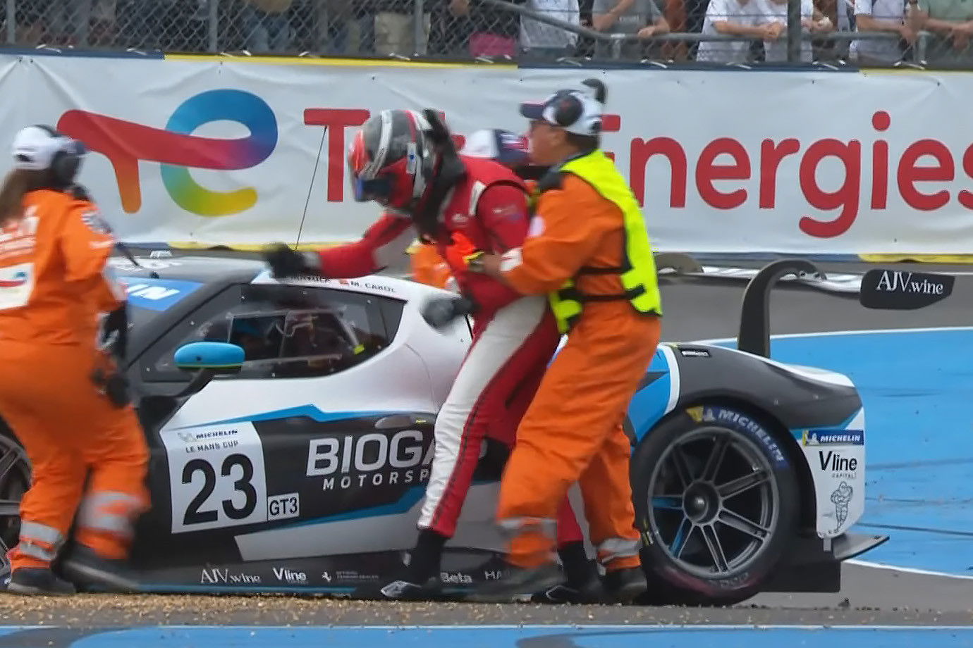 Ferrari driver kicks, punches rival car after Le Mans crash