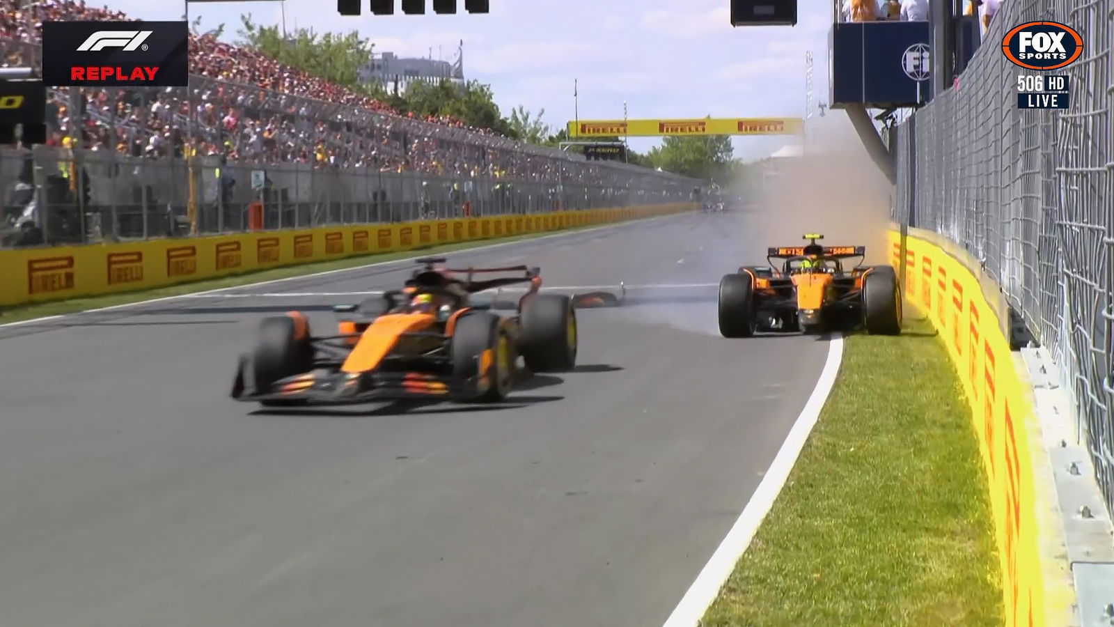 Norris collides with Piastri as Russell wins in Canada