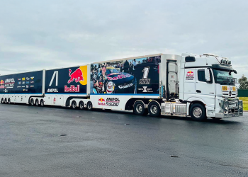 Triple Eight's transporter featuring the extra A-trailer. Image: Nathan Binns