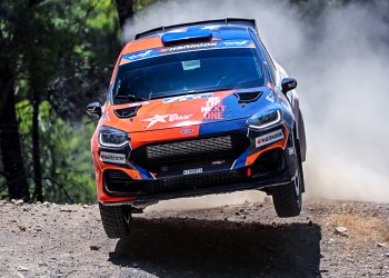Taylor Gill jumps at the Acropolis Rally Greece.