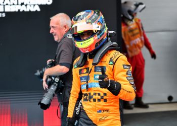 Oscar PIastri celebrates his pole position in Spain. Image: XPB Images