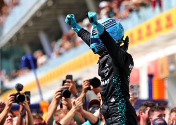 George Russell celebrates his victory at the Canadian Grand Prix. Image: XPB Images