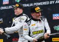 Tim Miles celebrates a podium finish with GT World Challenge Australia co-driver Brendon Leitch at Queensland Raceway.
