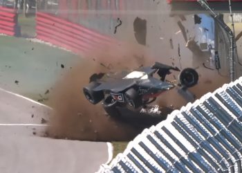 Sebastian Murray flips after colliding with an Armco barrier.