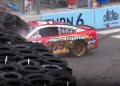 Cody Ware's Ford Mustang buried in the tyre barriers at Chicago.