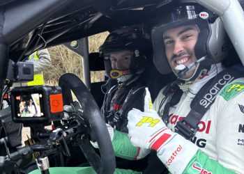 Thomas Randle behind the wheel of a current-spec WRC car in the UK. Image: Supplied