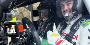 Thomas Randle behind the wheel of a current-spec WRC car in the UK. Image: Supplied