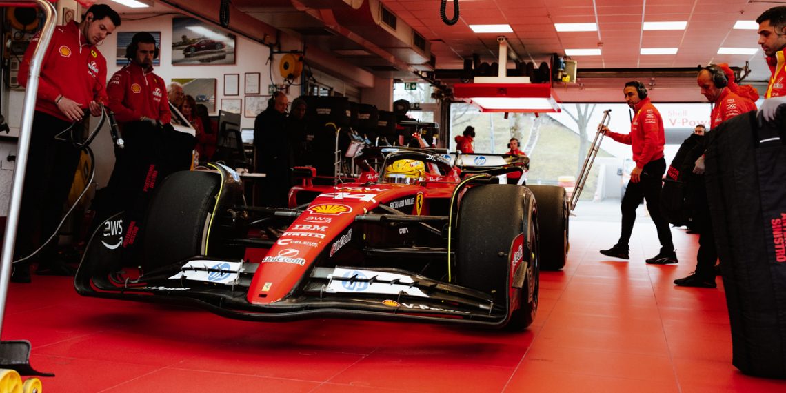 Lewis onboard the 2023-spec Ferrari F1 car.