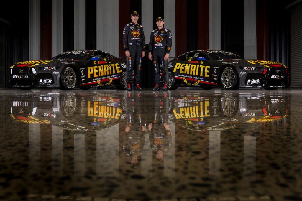 Matt Payne (left) and Richie Stanaway (right) with their new-look Grove Racing Mustangs. Image: Supplied
