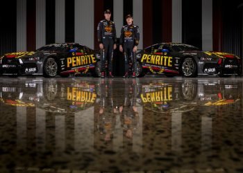 Matt Payne (left) and Richie Stanaway (right) with their new-look Grove Racing Mustangs. Image: Supplied