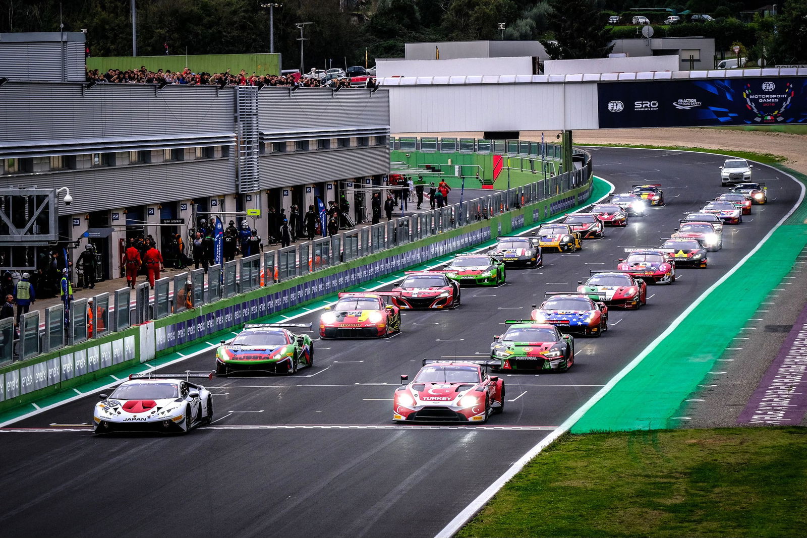 GT3 cars dressed in their respective country's colours.