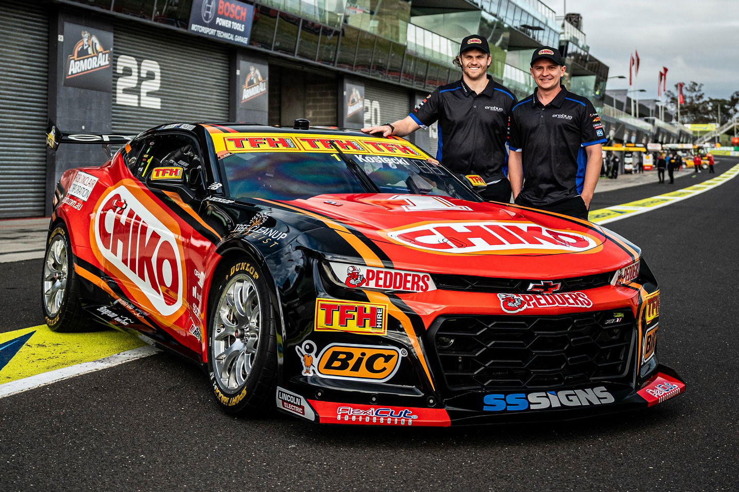 Brodie Kostecki (left) and Todd Hazelwood with the Chiko-backed #1 Erebus Motorsport Chevrolet Camaro.