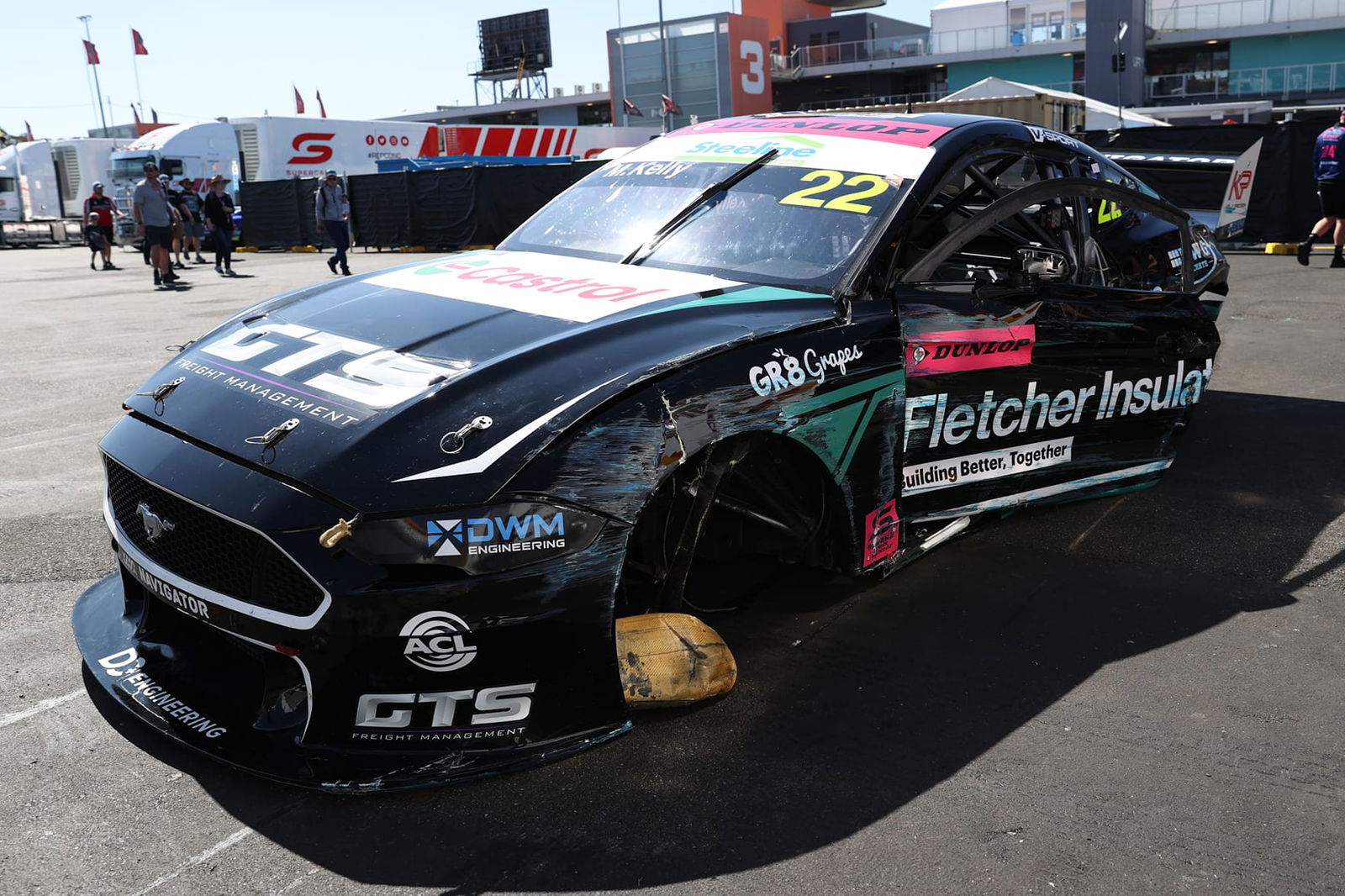 Mason Kelly's damaged Kelly Racing Ford Mustang.