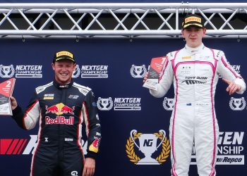 Runner-up Will Brown (left) with Zack Scoular on the podium after race one at Taupo Motorsport Park.