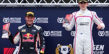 Runner-up Will Brown (left) with Zack Scoular on the podium after race one at Taupo Motorsport Park.