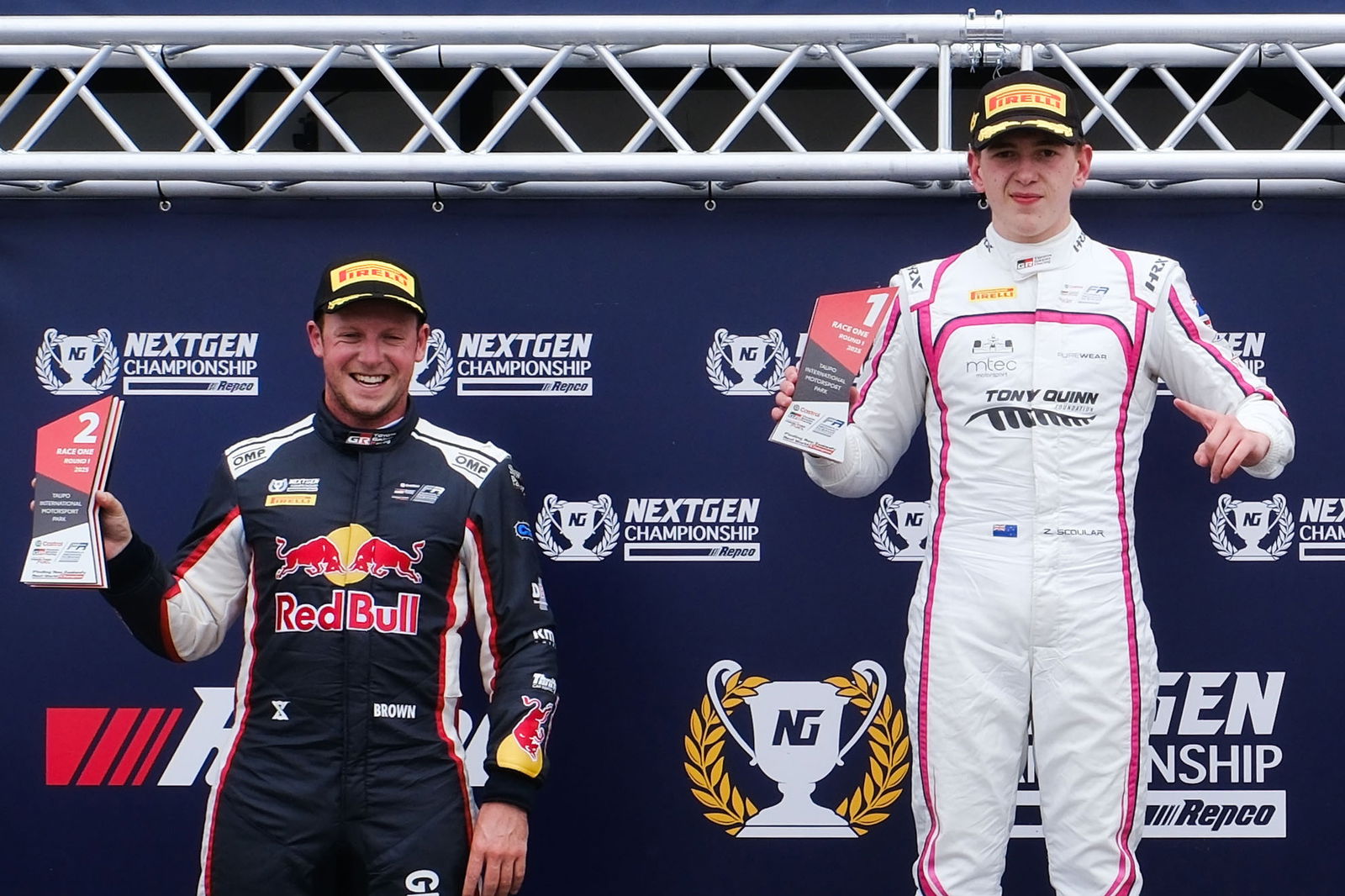 Runner-up Will Brown (left) with Zack Scoular on the podium after race one at Taupo Motorsport Park.