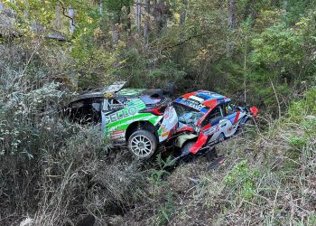 Heikki Kovalainen's Toyota Yaris sits on top of Ott Tanak's Hyundai. Image: WRC