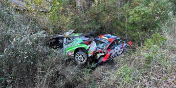 Heikki Kovalainen's Toyota Yaris sits on top of Ott Tanak's Hyundai. Image: WRC