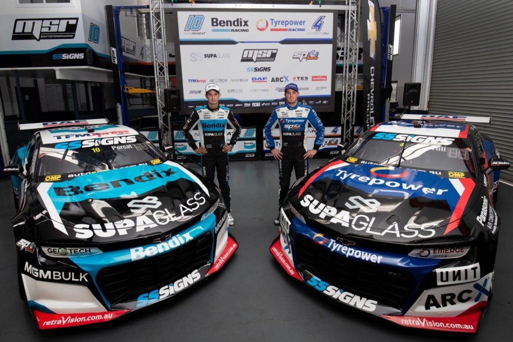 Nick Percat (left) and Cameron Hill (right) with their MSR Camaro Supercars. Image: Supplied