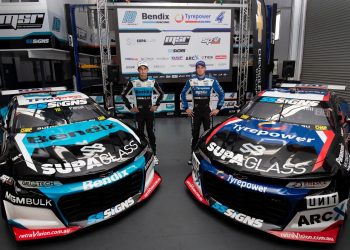 Nick Percat (left) and Cameron Hill (right) with their MSR Camaro Supercars. Image: Supplied