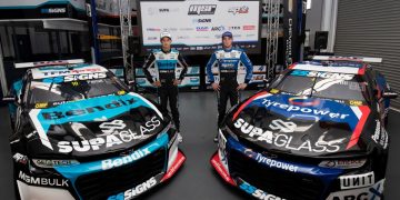 Nick Percat (left) and Cameron Hill (right) with their MSR Camaro Supercars. Image: Supplied