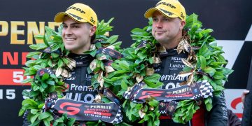 James Golding (left) with David Russell on the 2024 Sandown 500 podium.