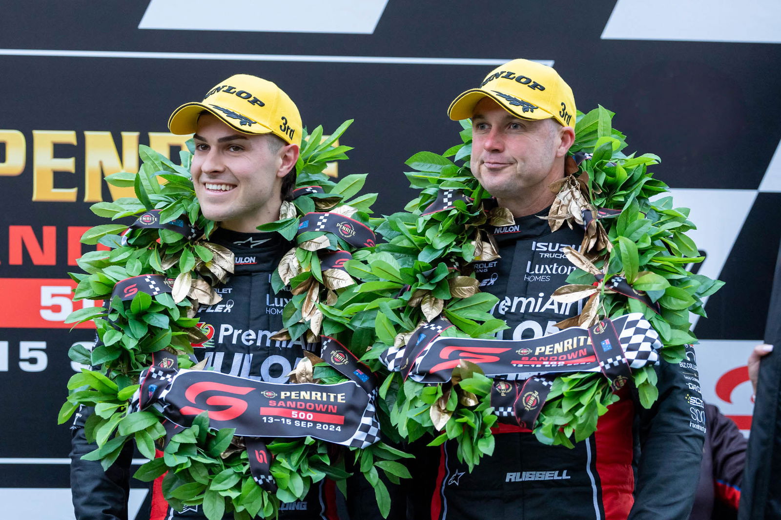 James Golding (left) with David Russell on the 2024 Sandown 500 podium.