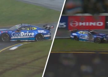 Aaron Love crashes his CoolDrive Racing Ford Mustang at Sandown Raceway. Image: Fox Sports