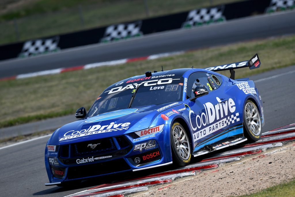 Aaron Love's Blanchard Racing Team Mustang was fitted with the new-spec Ford engine for two days of testing at Winton. Image: Russell Colvin