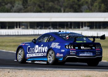 The #3 Blanchard Racing Team Mustang is running the new-spec Ford engine at today's Winton Supercars test. Image: Russell Colvin