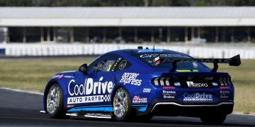 The #3 Blanchard Racing Team Mustang is running the new-spec Ford engine at today's Winton Supercars test. Image: Russell Colvin