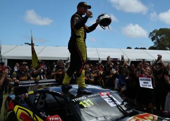 Todd Hazelwood celebrates his Trico Trans Am Series championship. Image: InSyde Media