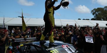 Todd Hazelwood celebrates his Trico Trans Am Series championship. Image: InSyde Media