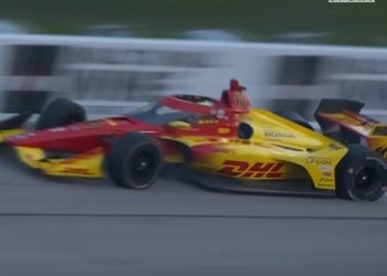 Alex Palou crashes into the wall at Iowa Speedway.