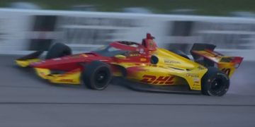 Alex Palou crashes into the wall at Iowa Speedway.