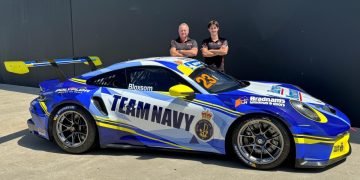 Andy McElrea and Lachlan Boxsom with the Porsche that Bloxsom will contest Porsche Carrera Cup in 2024. Image: Supplied